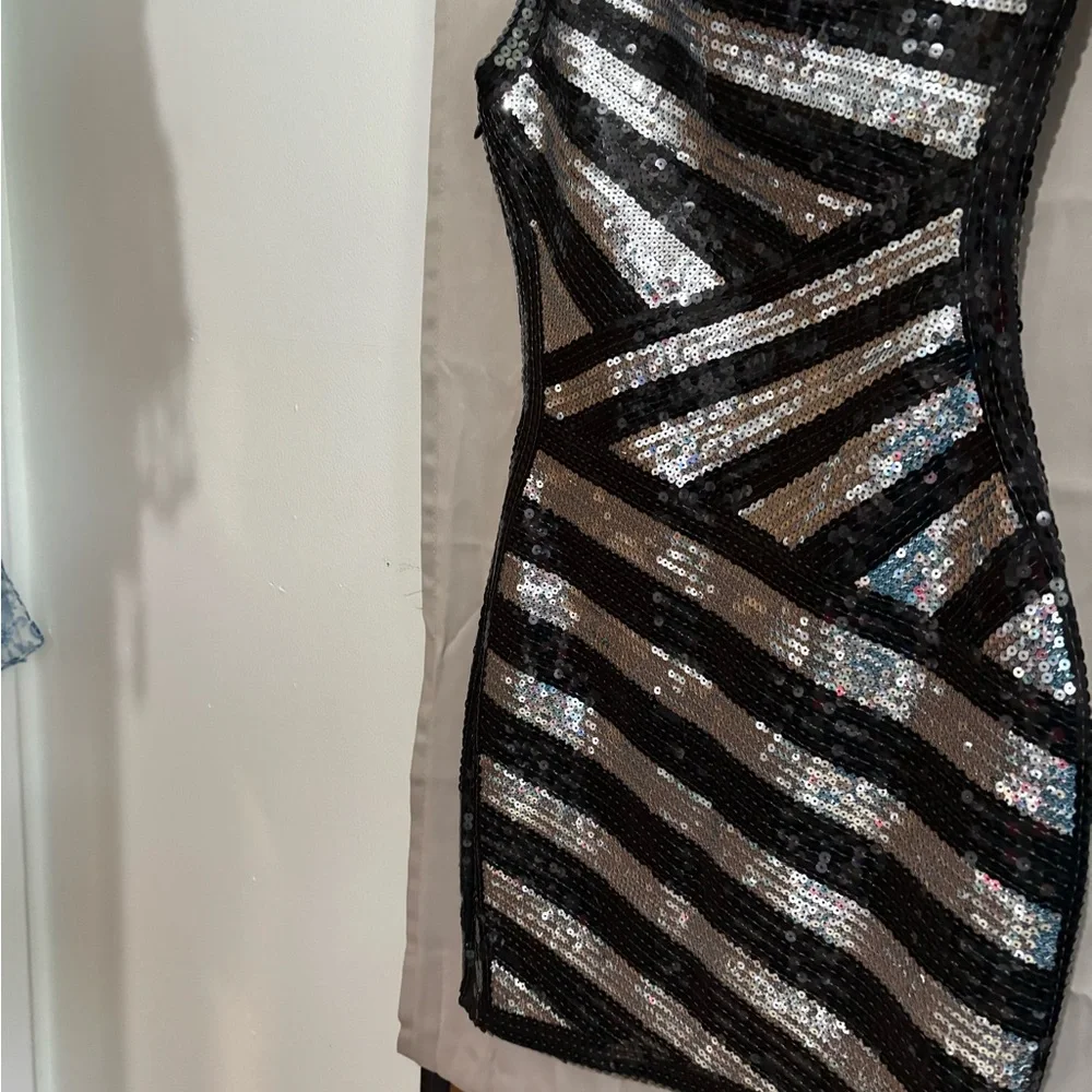 bebe Striking Black and Silver Sequin Mini Dress - Picture 5 of 8